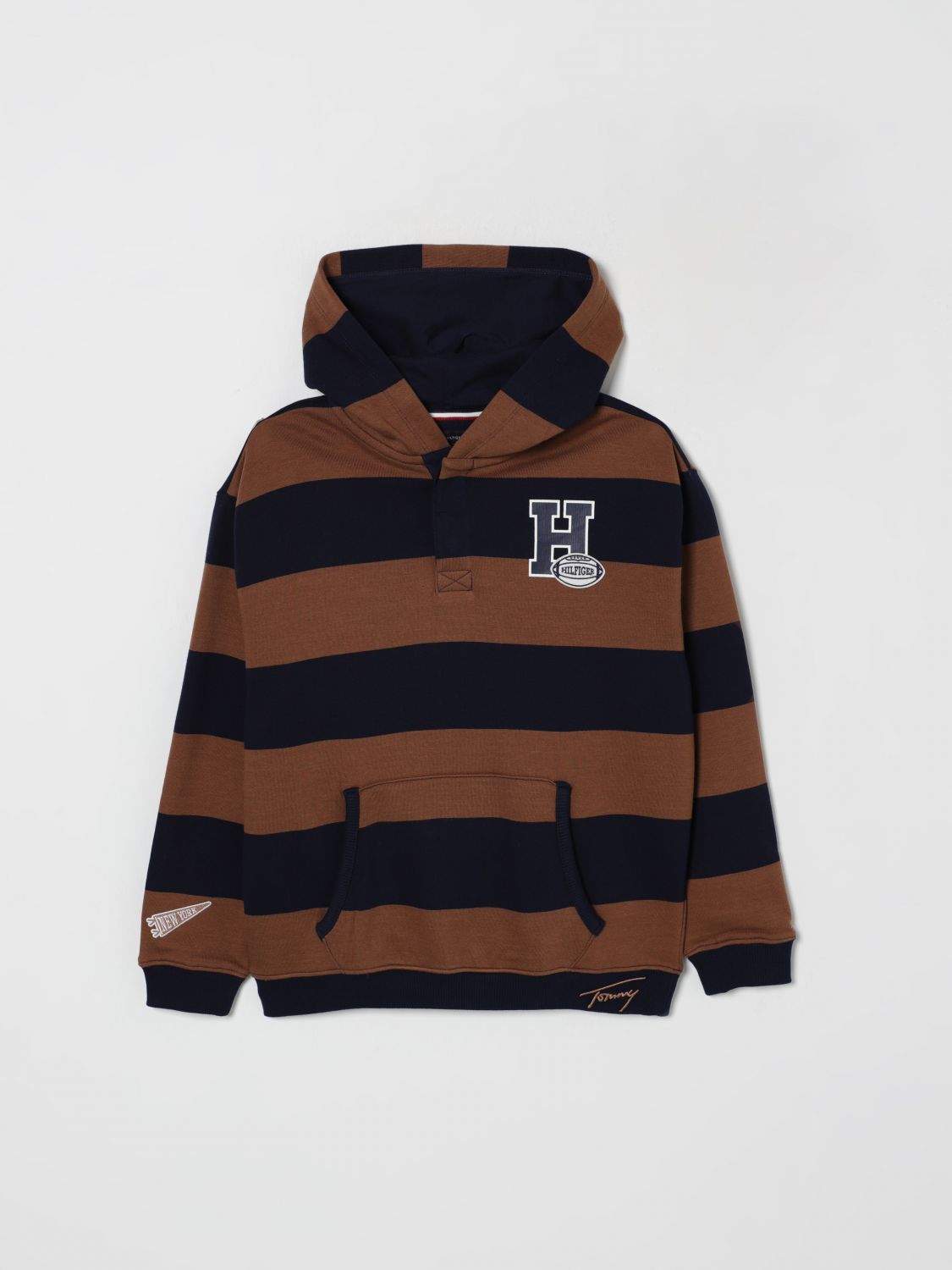 Tommy Hilfiger Striped Sweatshirt With Logo Patch  In Brown