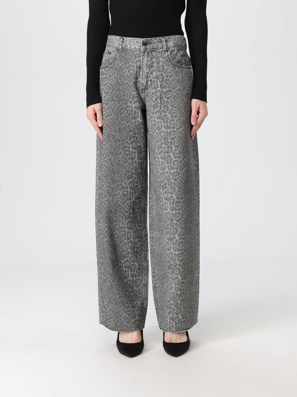 Liu •jo Wide-leg Gray Trousers With Subtle Leopard Print In Gray