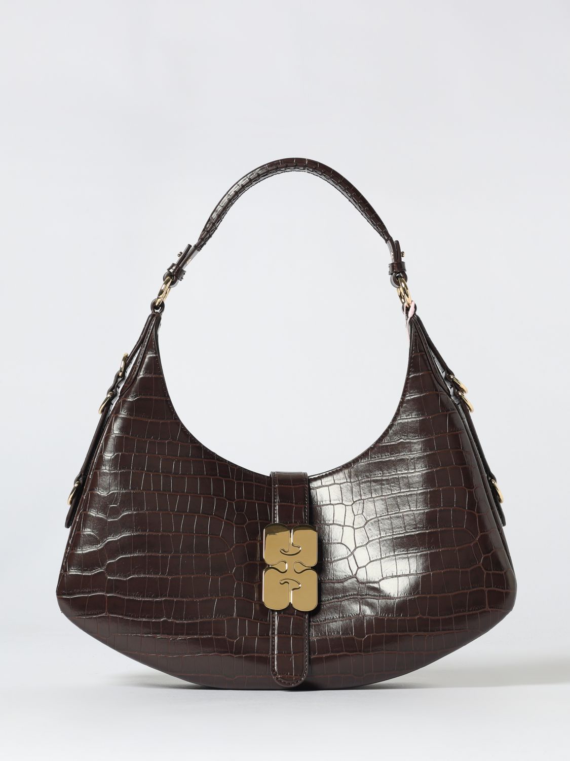 Ganni Kat Small Croco Chocolate Fondant Hobo Bag In Burgundy