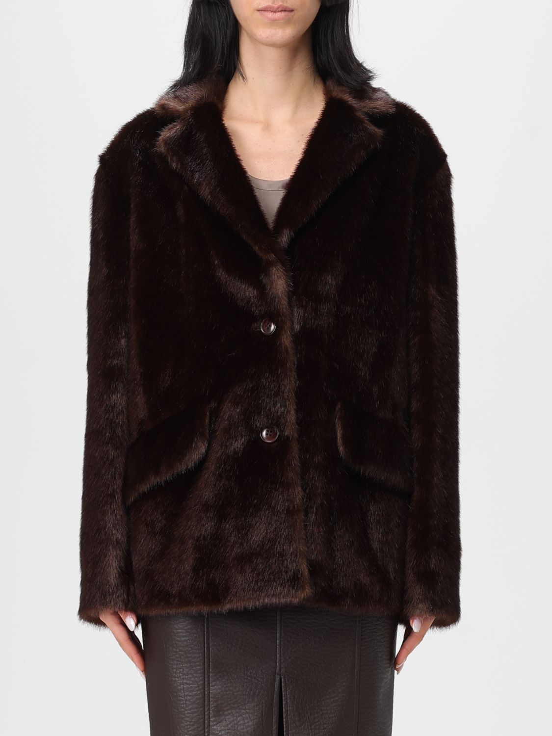 Stand Studio Straight Silhouette Synthetic Fur Jacket With Oversized Shoulders In Brown