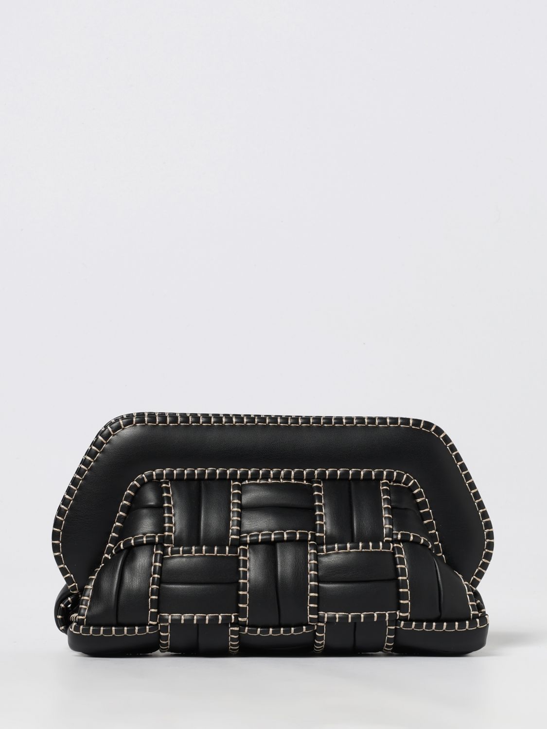 Themoirè Structured Black Vegan Leather Clutch With Beige Stitching In Black