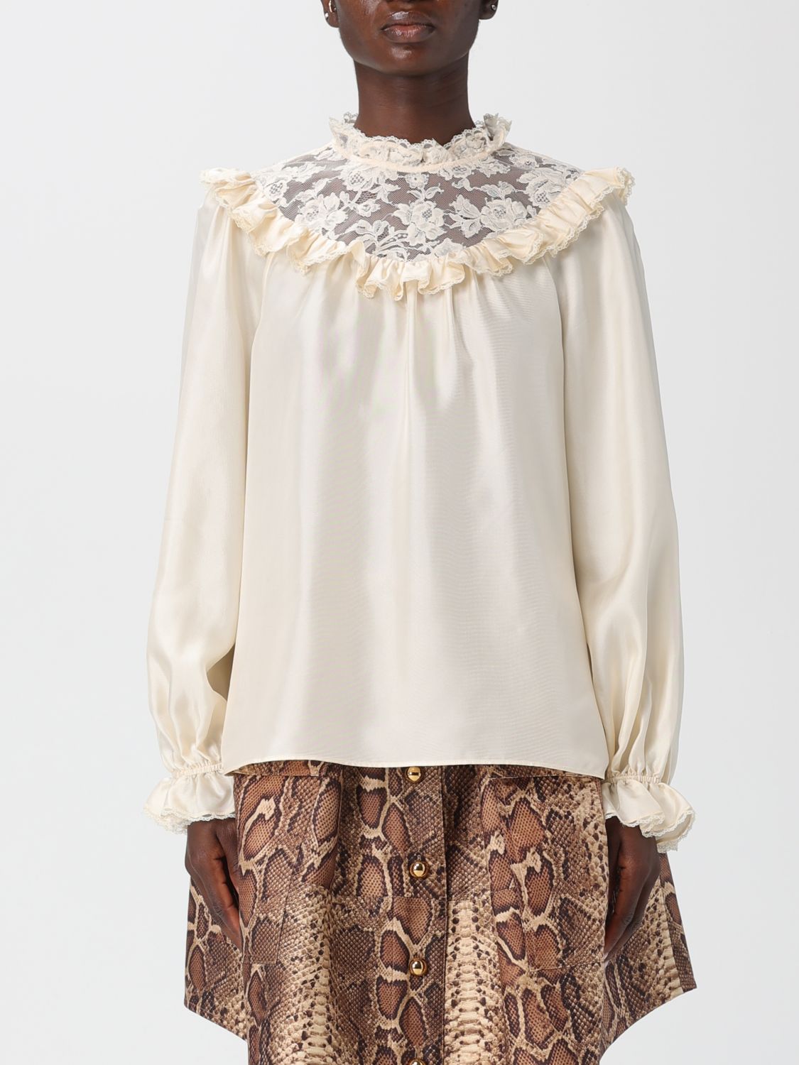 Zimmermann Blouse With Ruffled Collar And Lace In Neutral