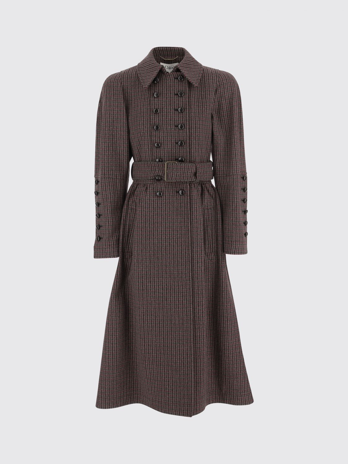 Chloé Grey/red Double-breasted Coat In Houndstooth Wool In Brown