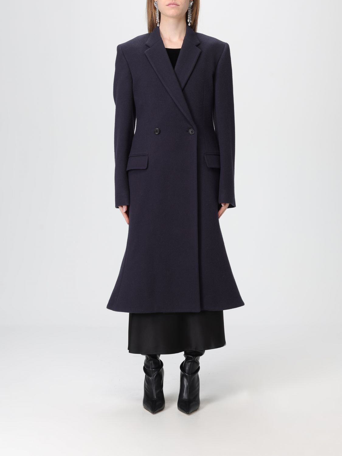 Balenciaga Midi Wool Coat Flared Hem In Blue