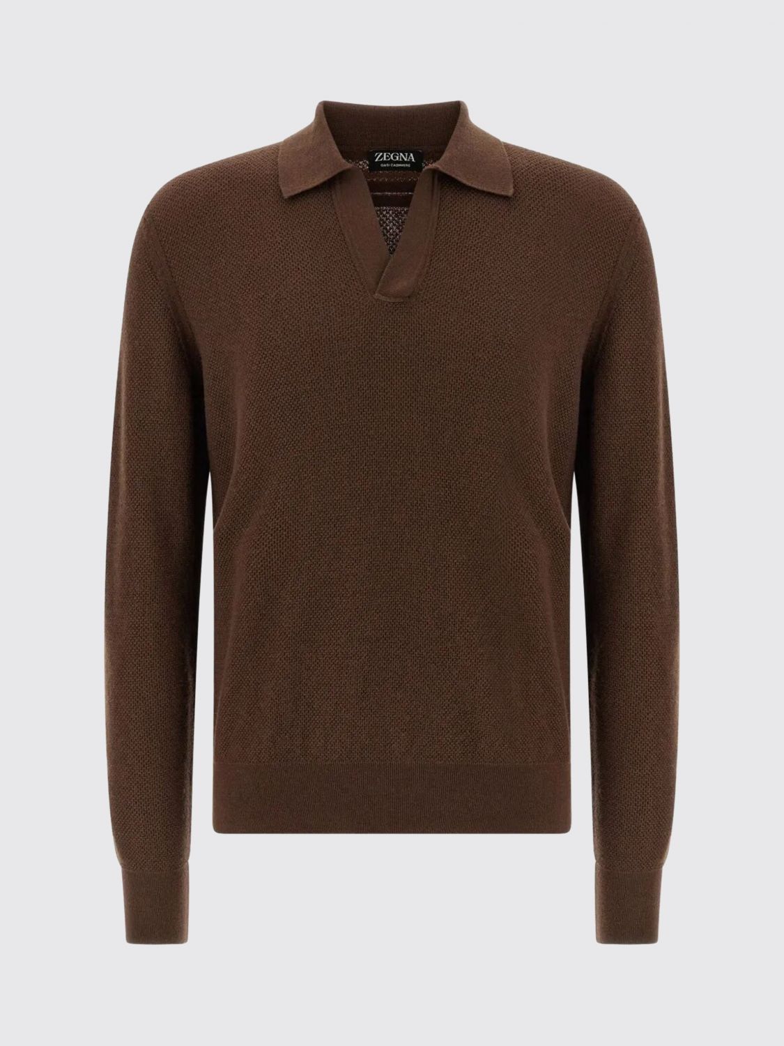 Zegna Cashmere Jacquard Long Sleeve Polo In Brown