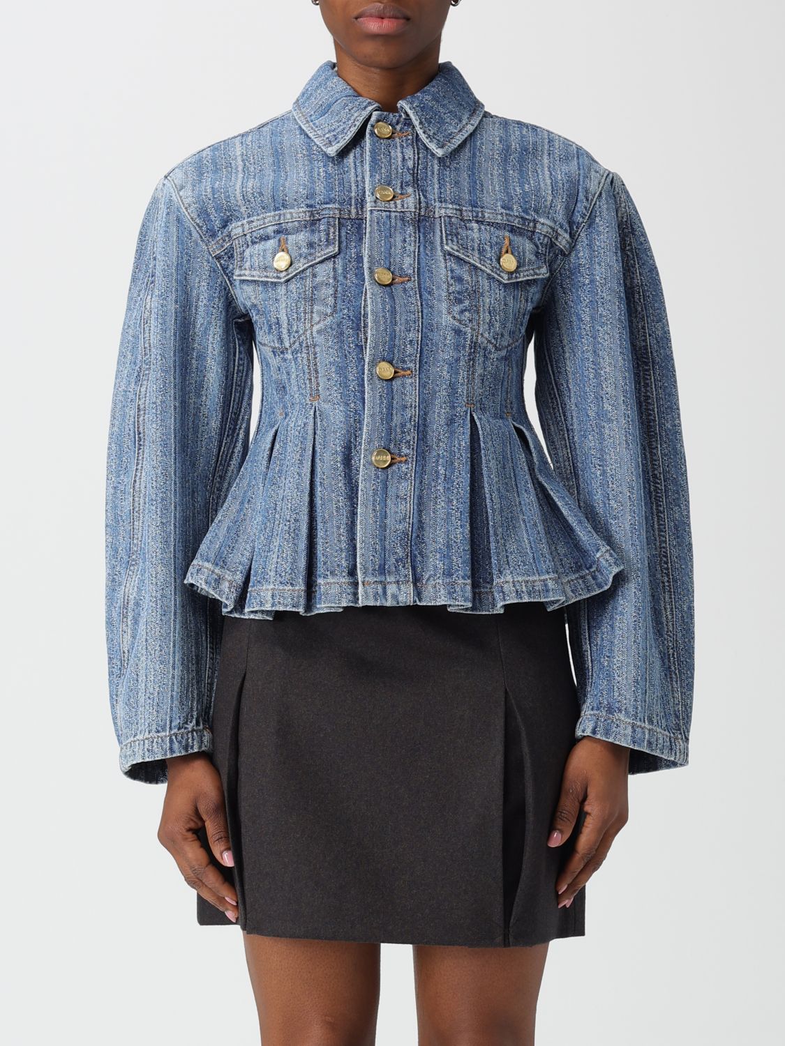 Ganni Striped Long Sleeve Collared Jacket In Blue