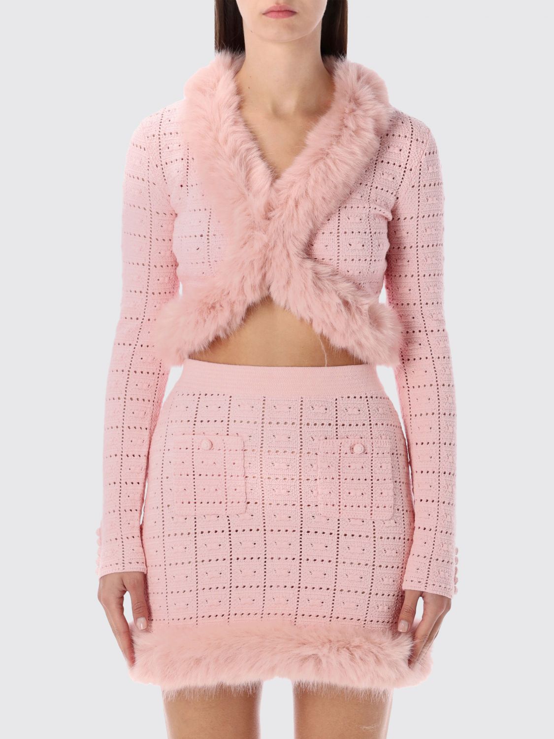 Self-portrait Pink Knit Cropped Cardigan With Faux Fur Collar In Pink