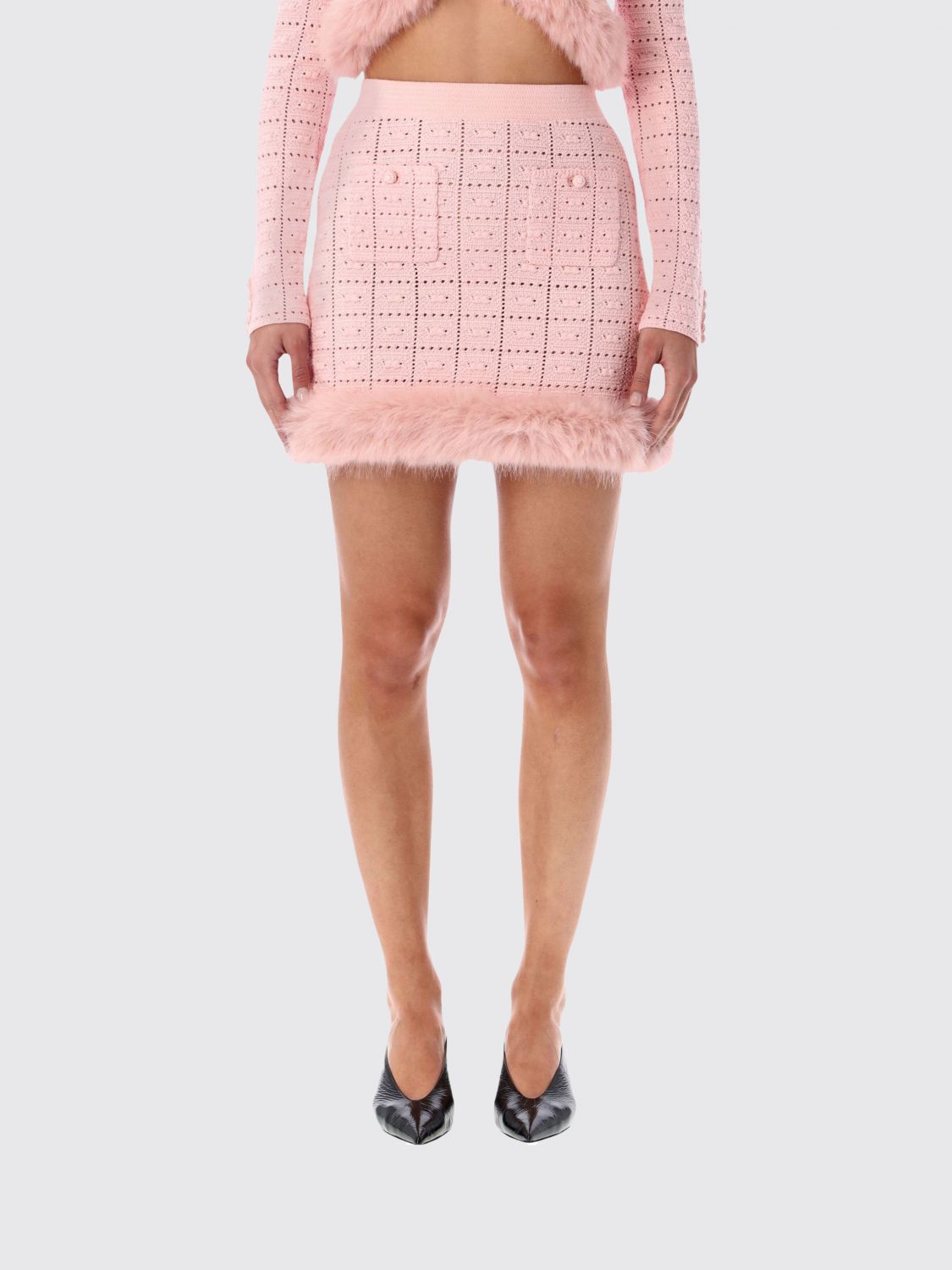 Self-portrait Pink Knit Mini Skirt With Faux Fur Hem In Pink