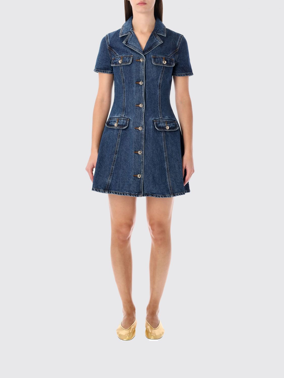 Self-portrait Blue Denim Mini Dress With Gold Buttons In Blue