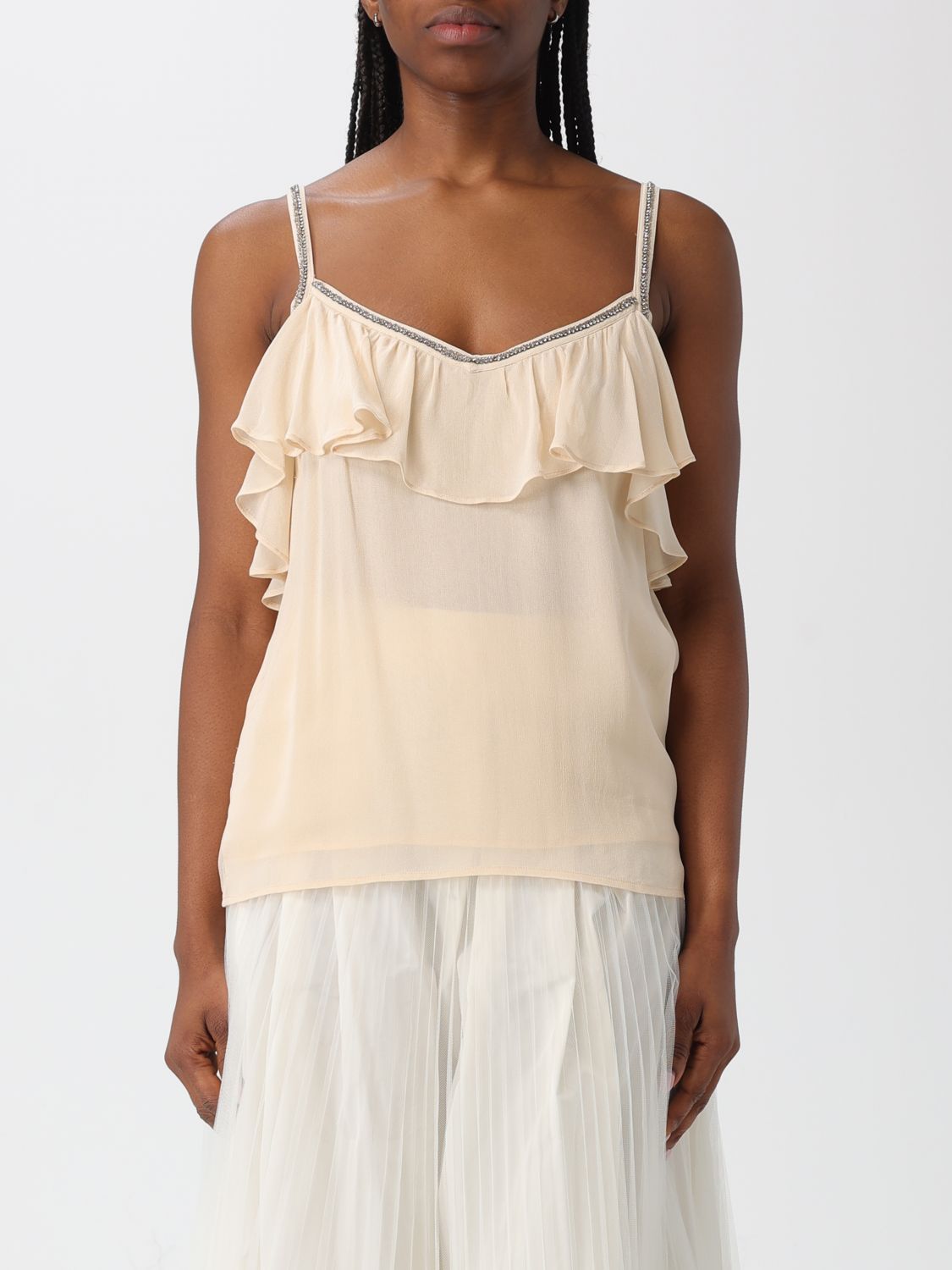 Twinset Ruffled Rhinestone-embellished Top In Pink