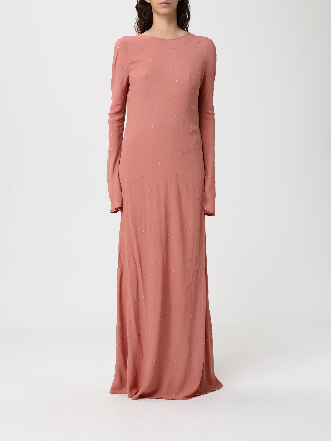 Twinset Robe Longue Avec Broderie En Lurex Et Décolleté In Brown