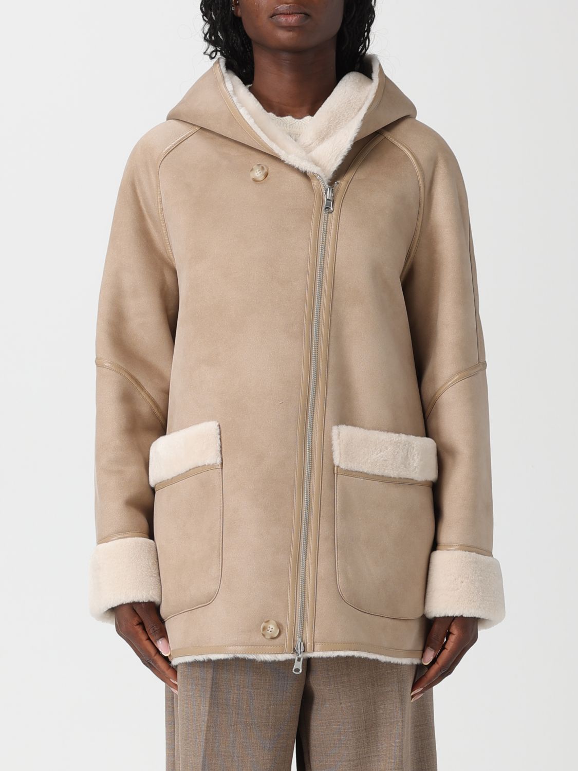 Urbancode Hooded Shearling Coat In Brown