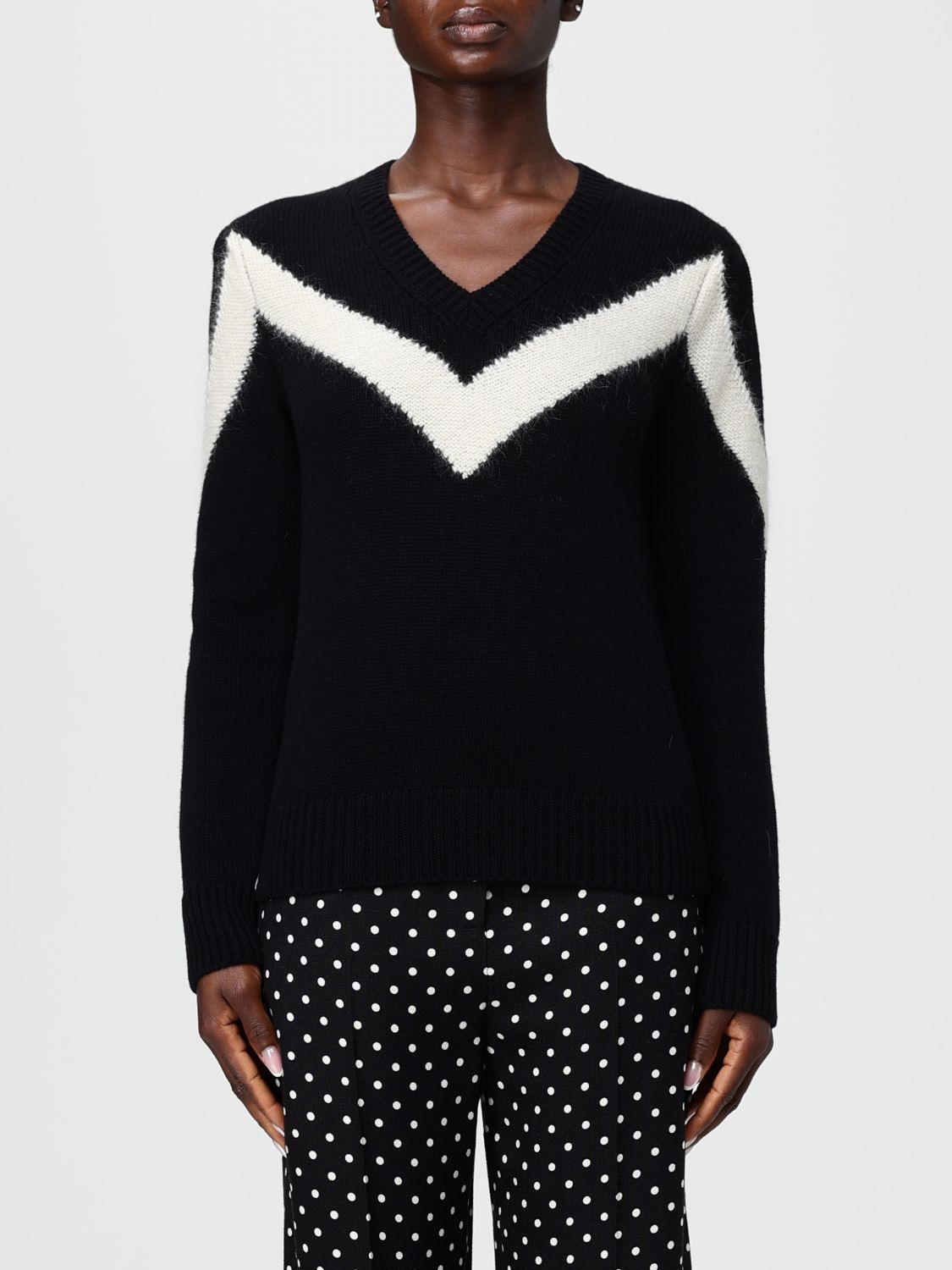 Valentino Zigzag V-neck Wool Sweater In Black