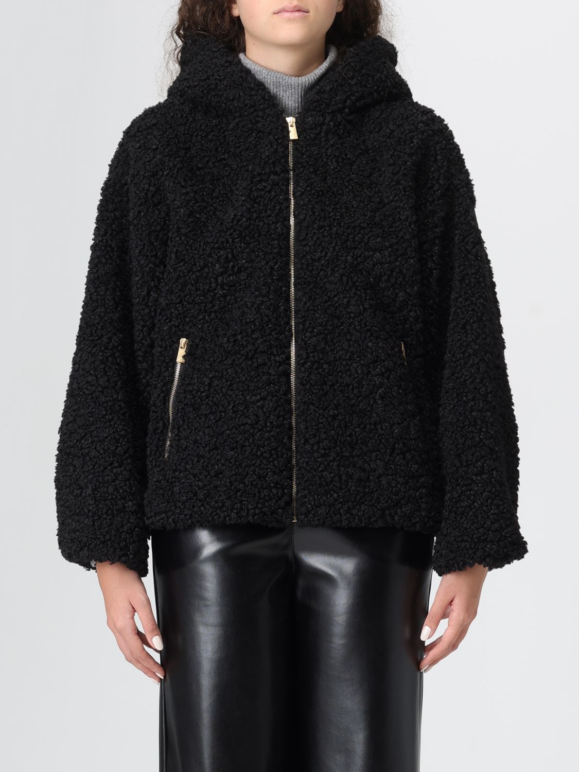 Tatras Faux Fur Ipama Jacket With Hood And Golden Effect Details In Black