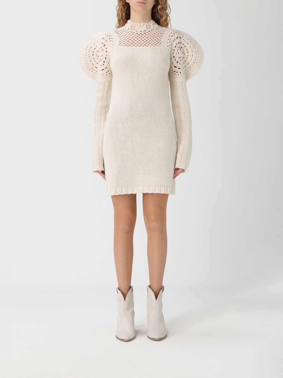 Twinset Crochet-detailed Puff-sleeve Dress In Multi