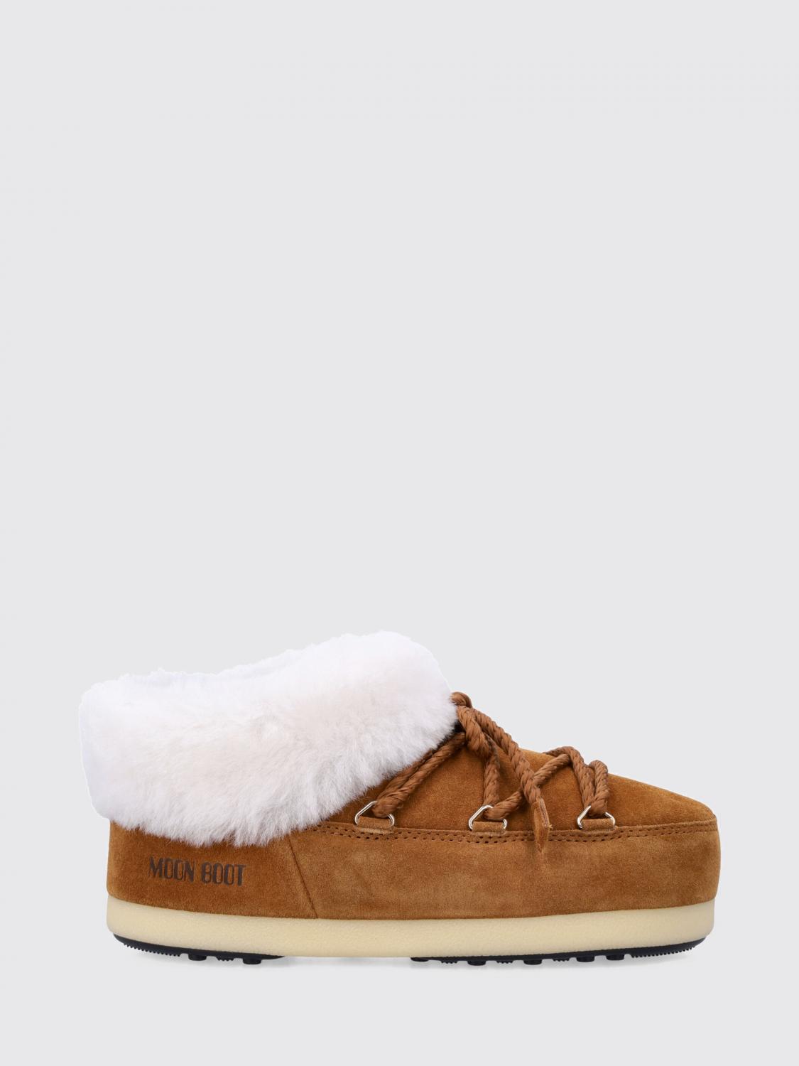 Moon Boot Suede Mules With Braided Lace Detail And Plush Fur Collar In Brown