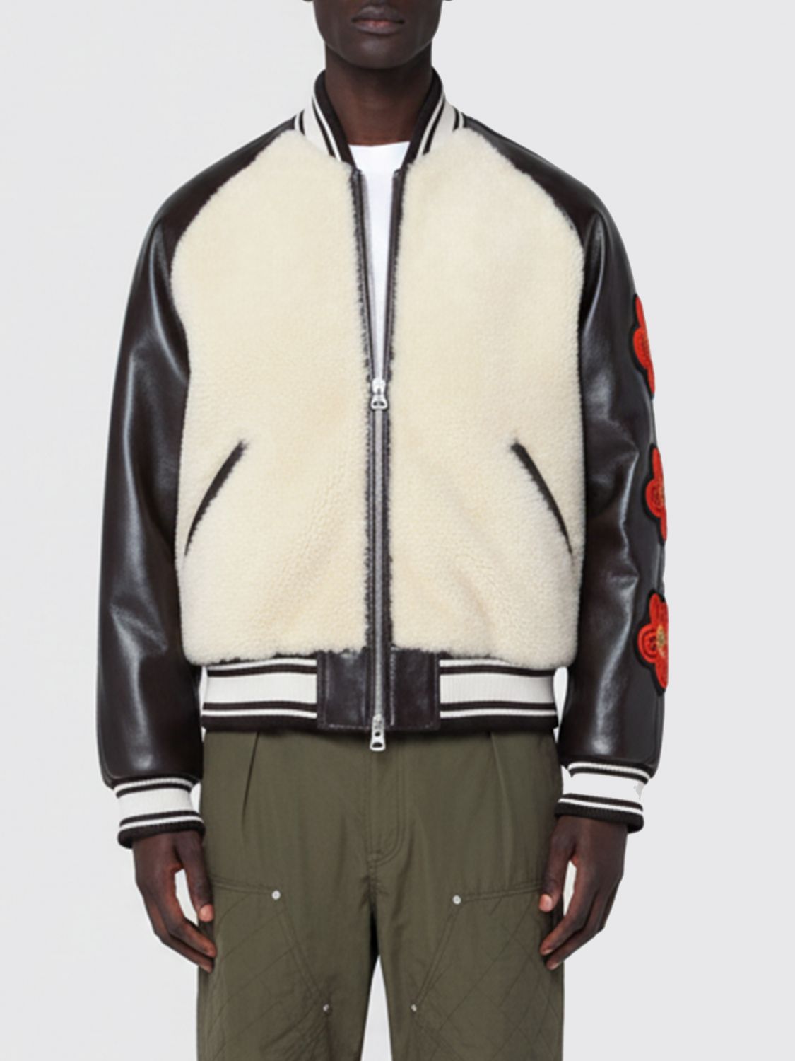 Kenzo Beige Shearling-effect And Brown Leather Bomber Jacket In Neutral