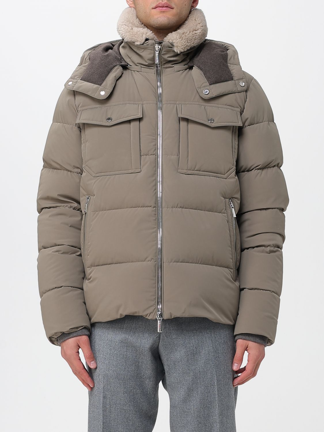 Moorer Pockets Hooded Quilted Ribbed Cuffs In Brown