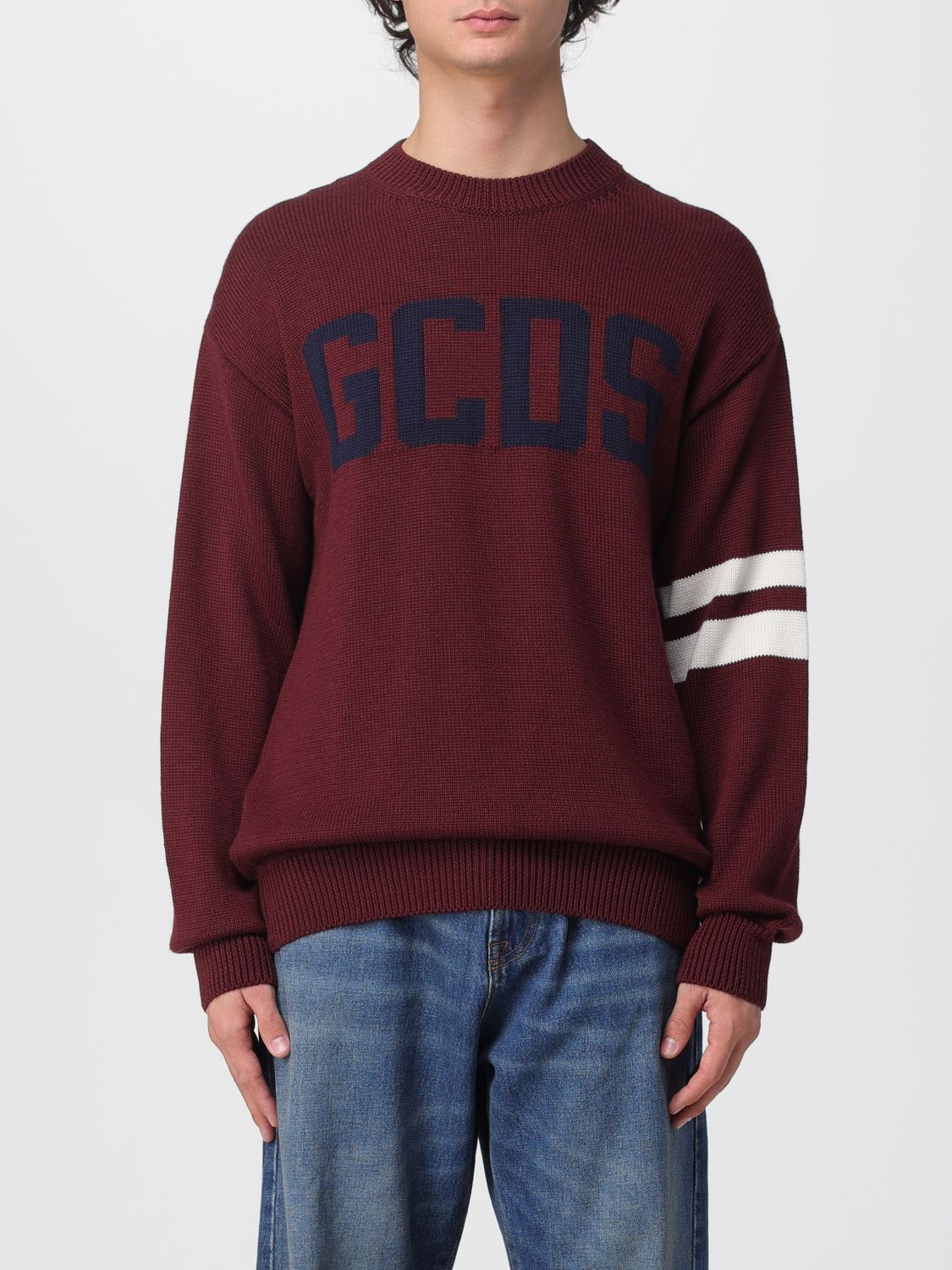 Gcds Bordeaux Knit Sweater With Navy Logo And Striped Sleeves In Burgundy