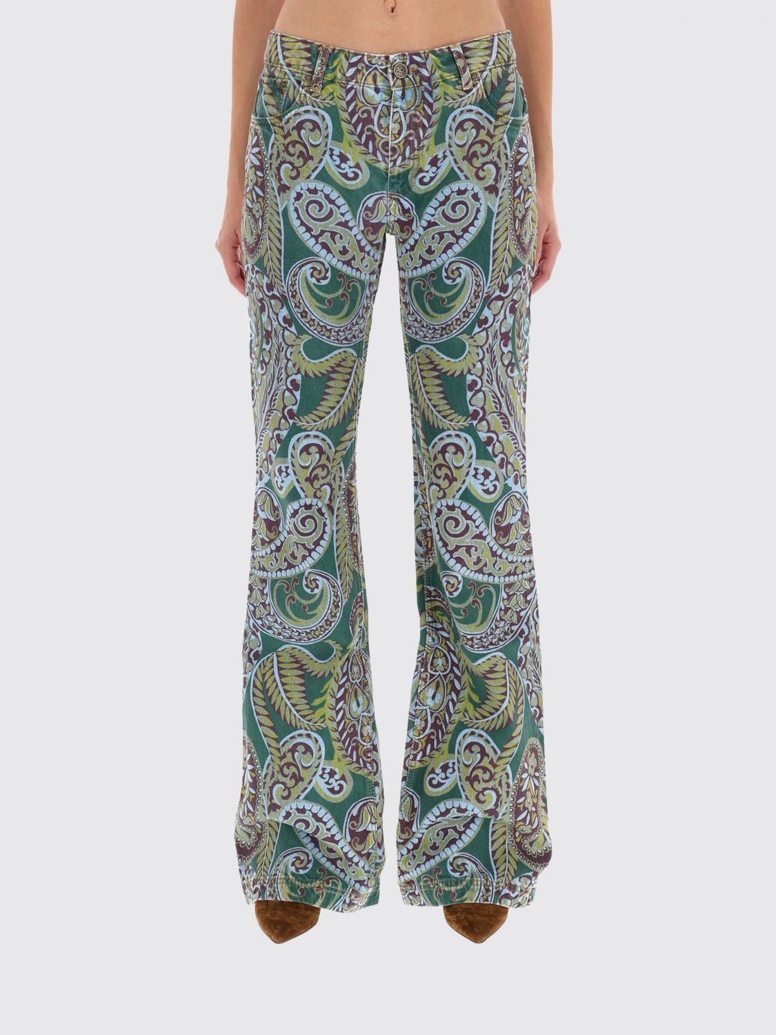 Etro Paisley Print Denim Pants In Green