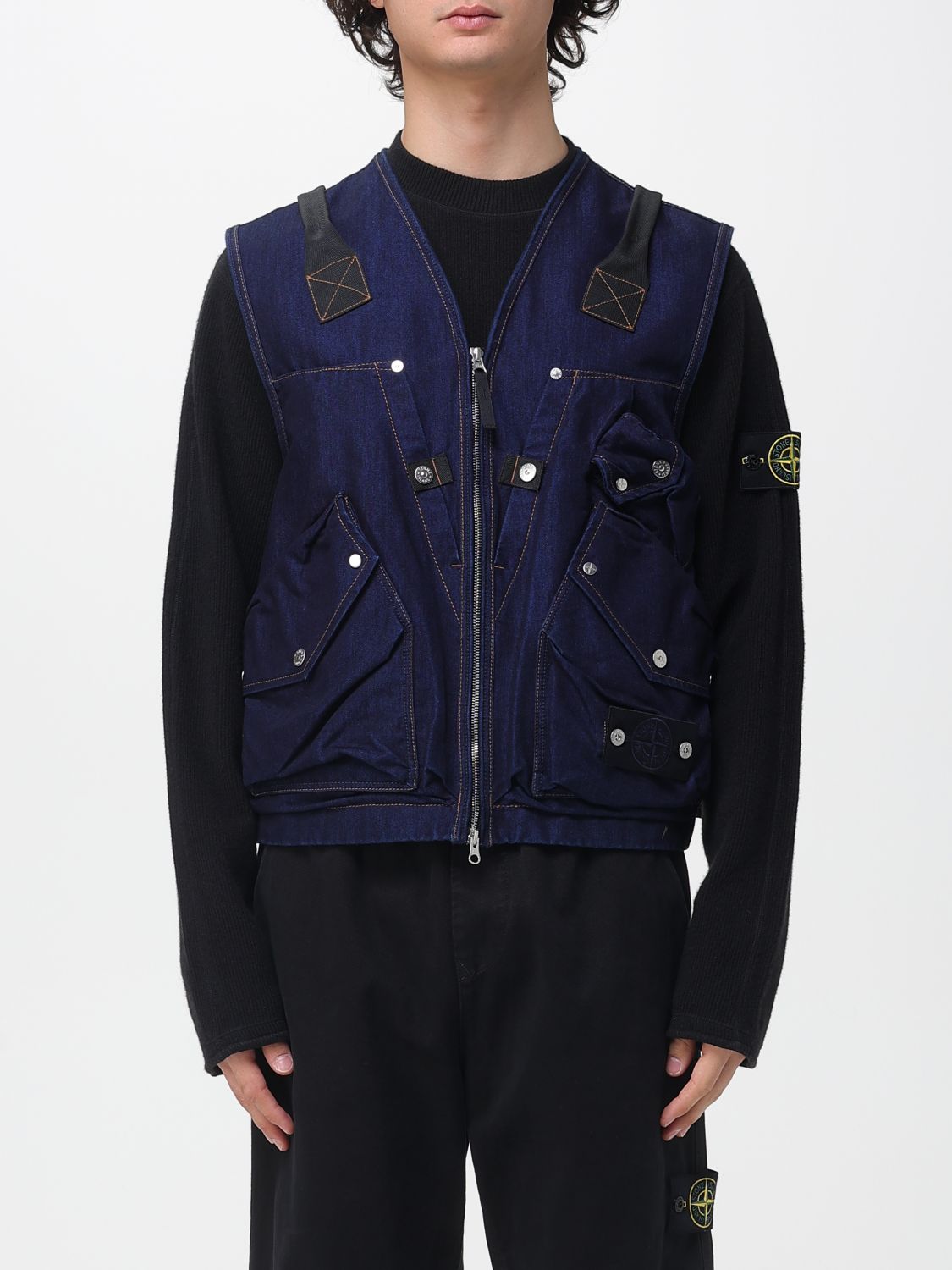 Stone Island Indigo Blue Zip Vest In Cotton Blend