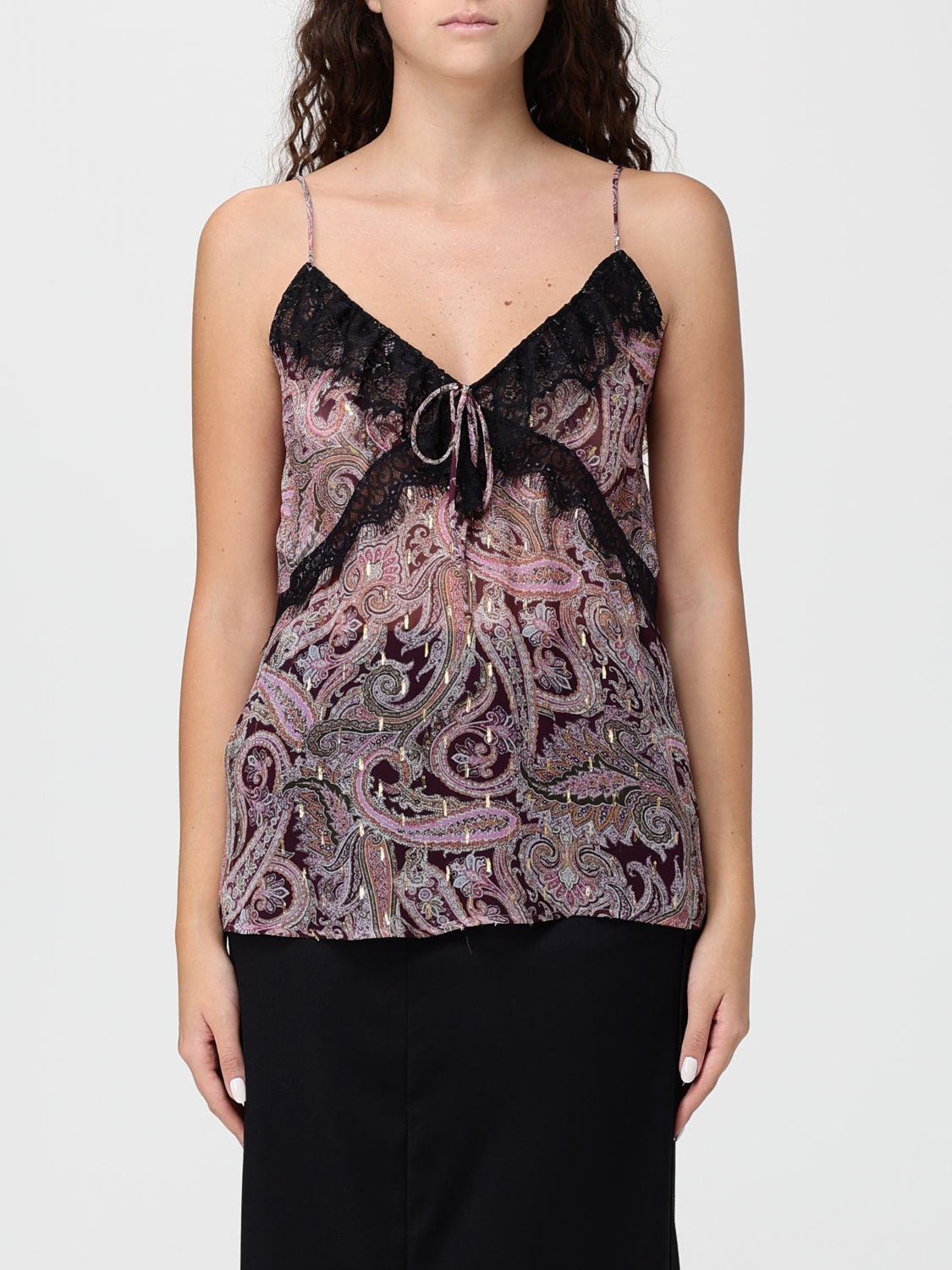 Pinko Lace And Metalized Detail V Neck Top In Pink