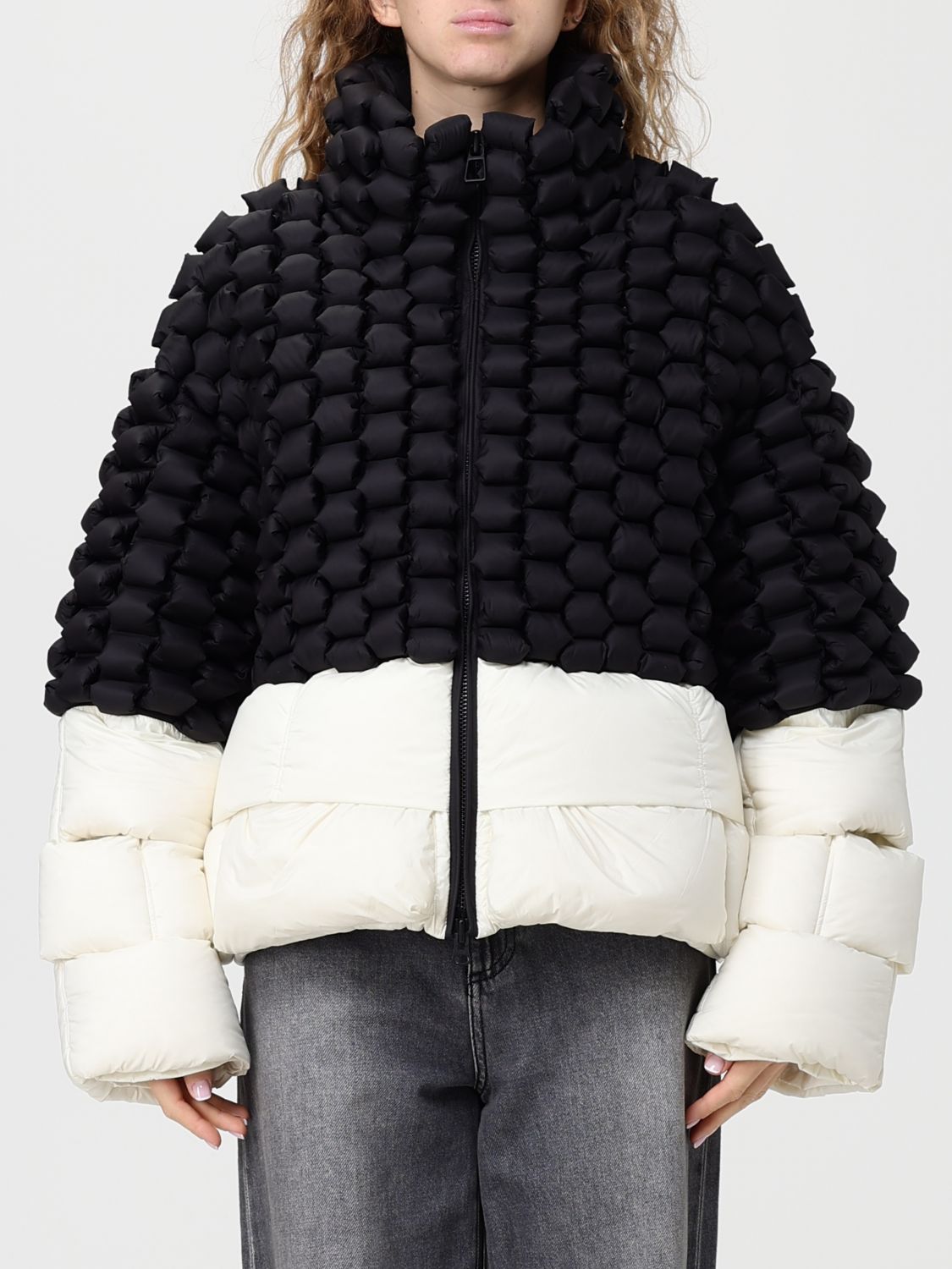Raxxy Quilted Goose Down Coat With Textured Detailing In Multi