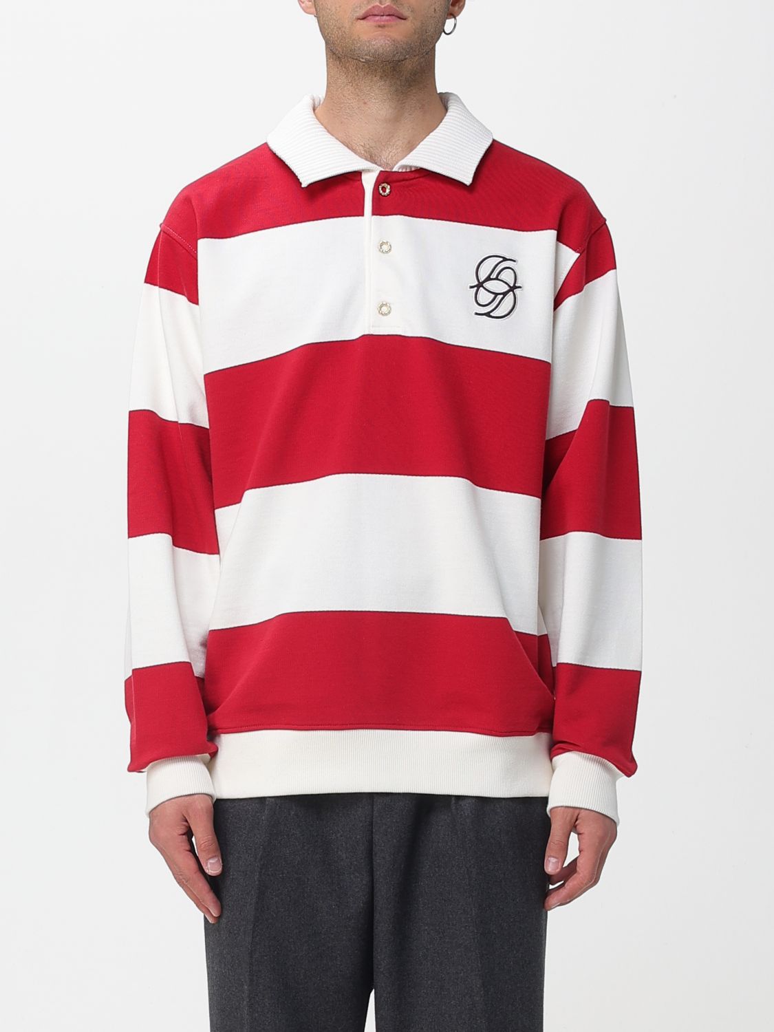 Drôle De Monsieur Striped Long Sleeve Polo Shirt With Embroidery In Red