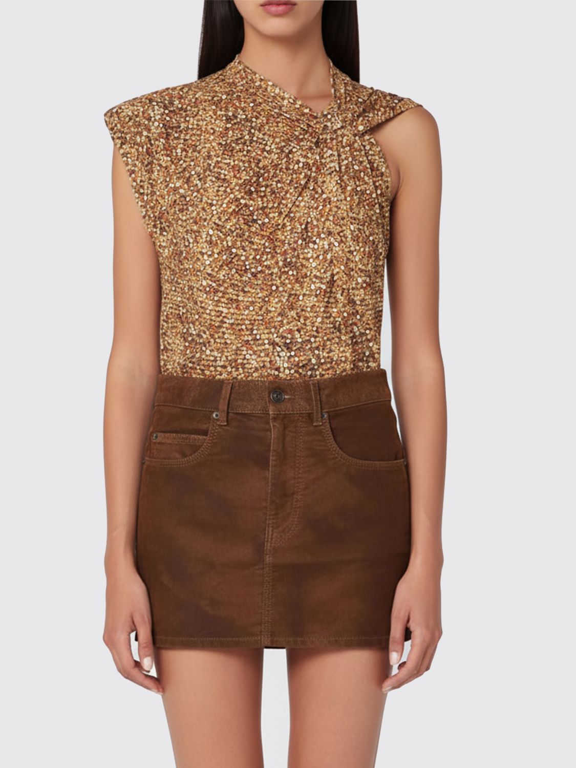 Isabel Marant Asymmetrical Nayda T-shirt With Ochre Print In Brown