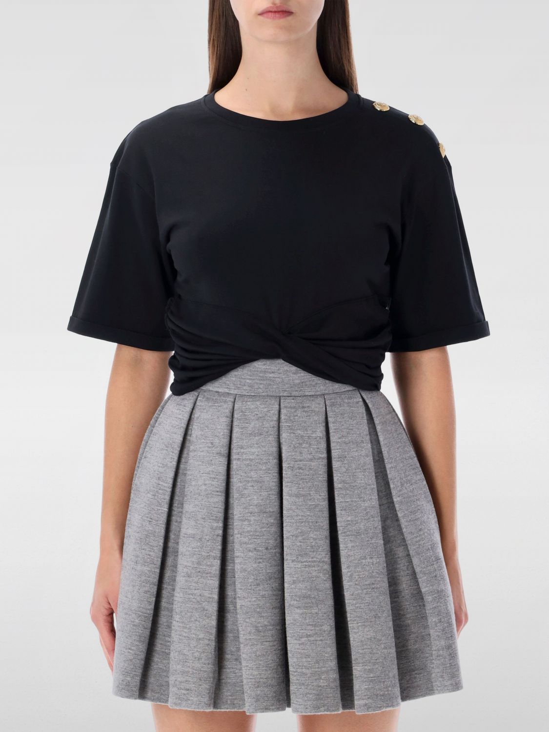 Balmain Knotted Short Sleeve Cropped Top In Black