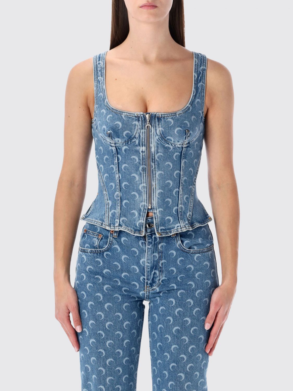 Marine Serre Moon Denim Bustier Top In Blue