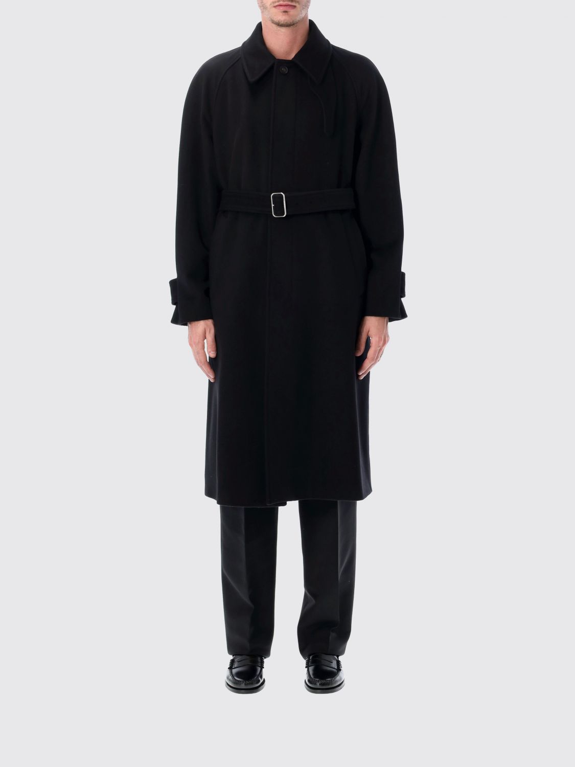 Ferragamo Long Belted Coat Side Pockets In Black
