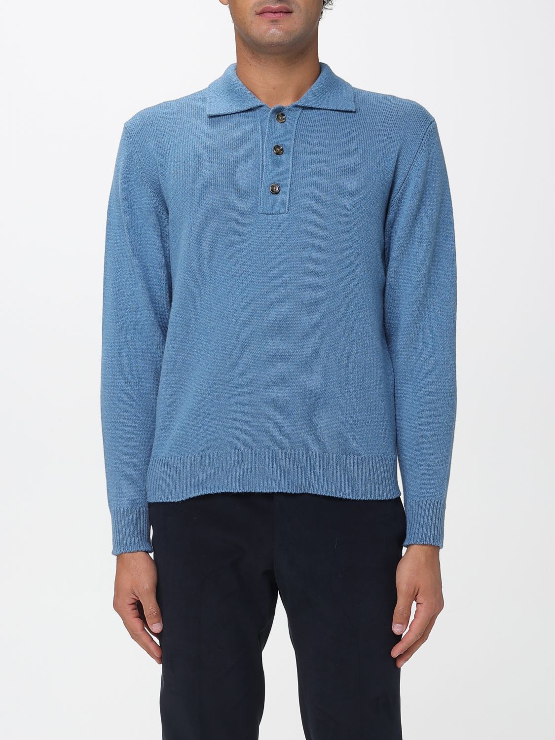 Lardini Polo Collar Sweater With Ribbed Cuffs And Hem In Blue