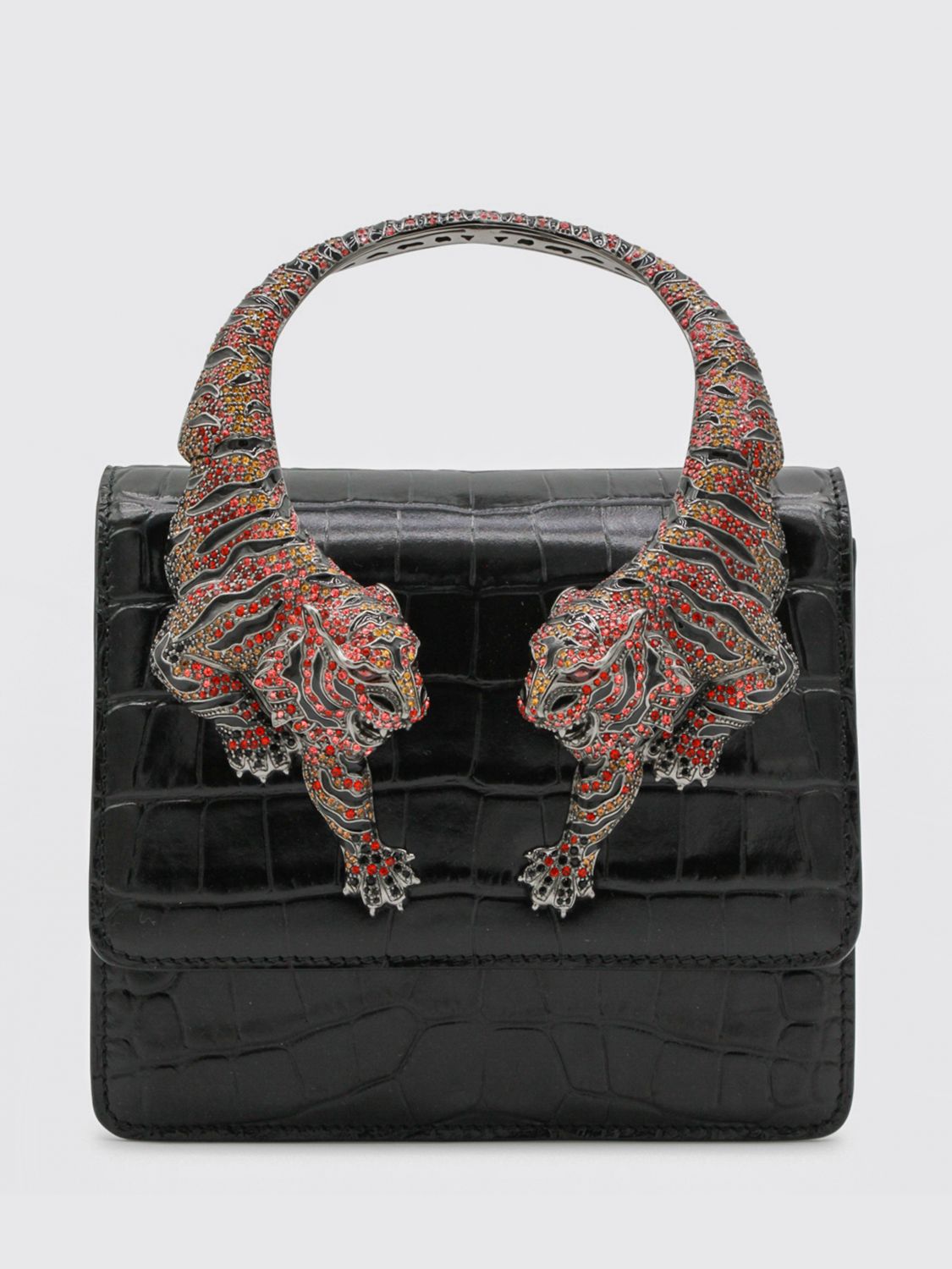 Roberto Cavalli Crocodile Texture Cross-body Bag With Chain Strap In Black