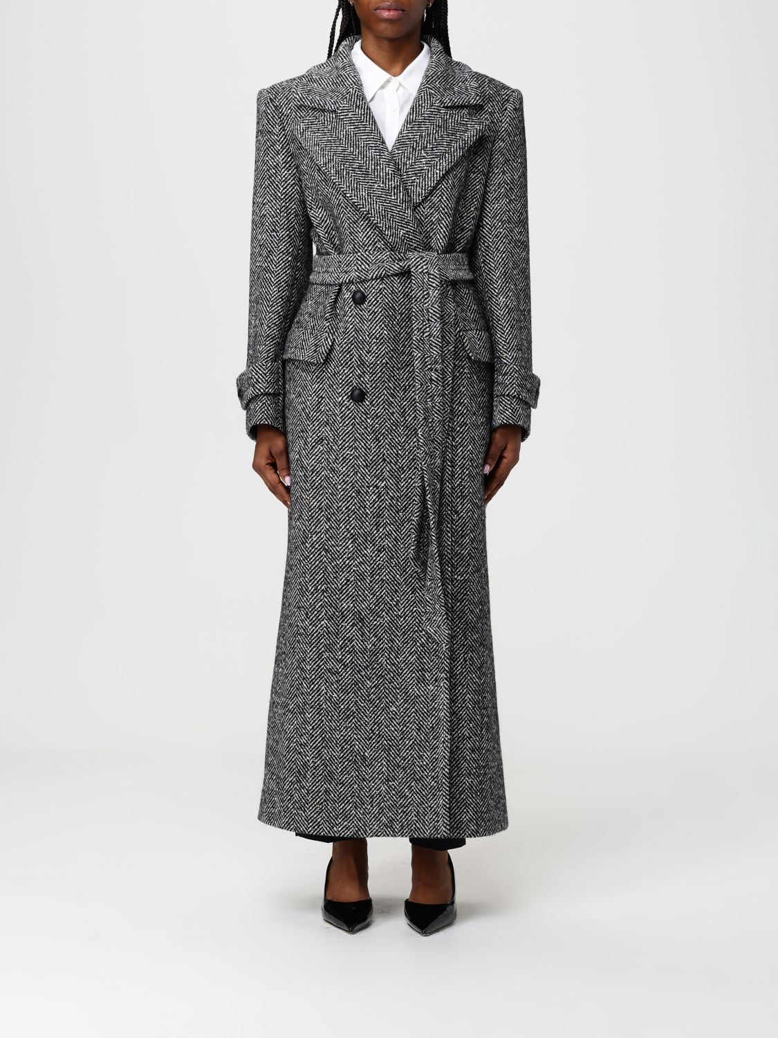 Tagliatore Long Herringbone Coat Belted Waist In Black