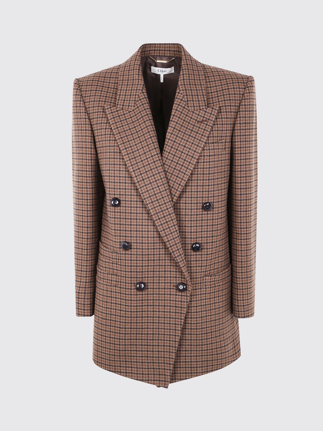 Chloé Houndstooth Double-breasted Blazer Notched Lapels In Brown