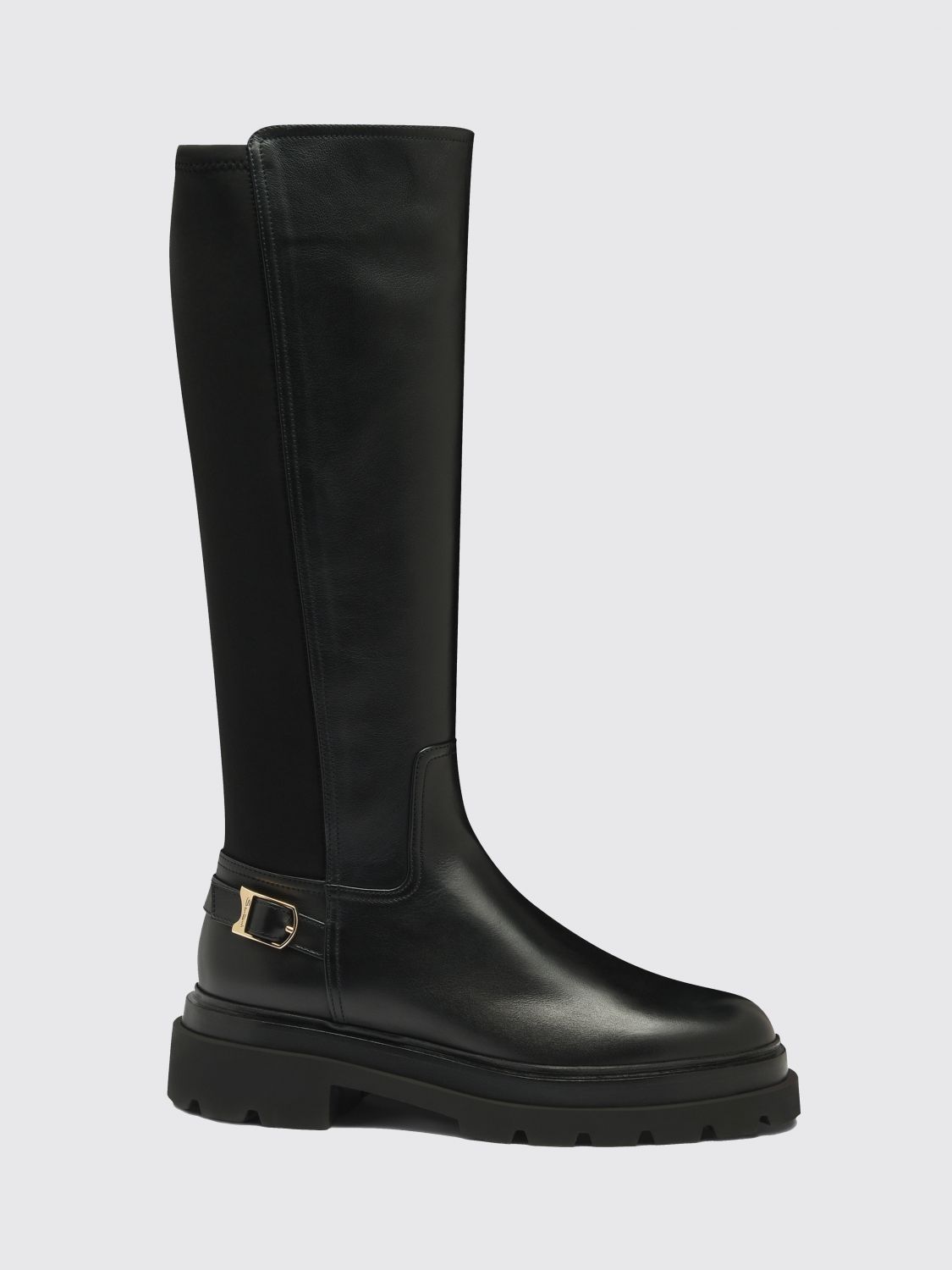 Santoni Leather Stretch Buckle Knee Boots In Black