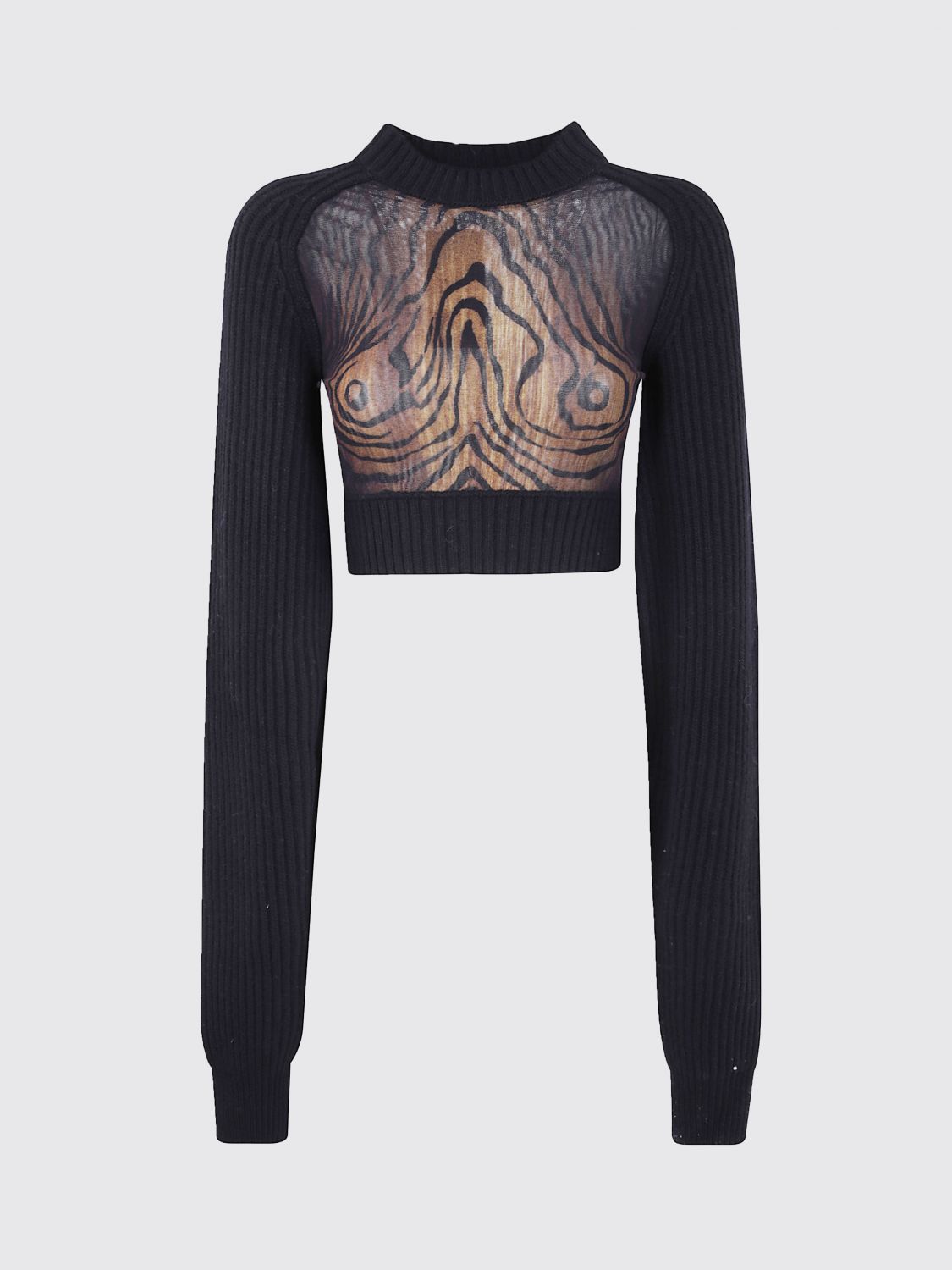Jean Paul Gaultier Lambswool Ribbed Long Sleeves Cropped Sweater With Printed Mesh Cut Out Details In Black