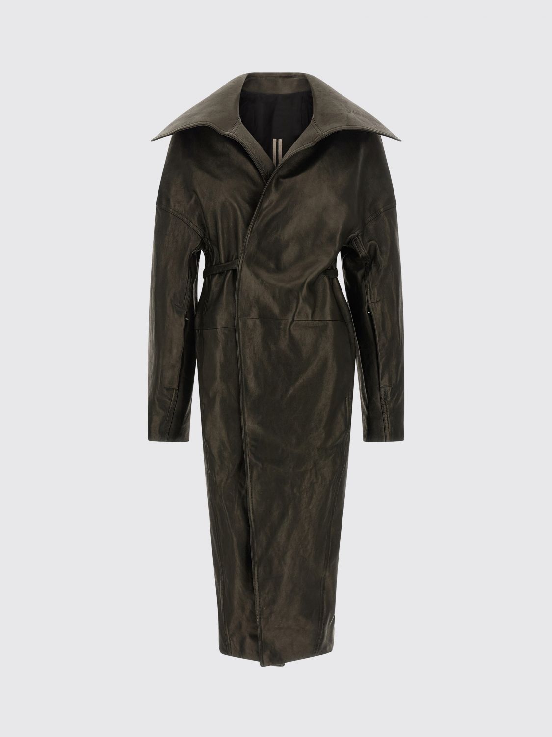 Rick Owens Belted Long Coat Wide Collar In Black