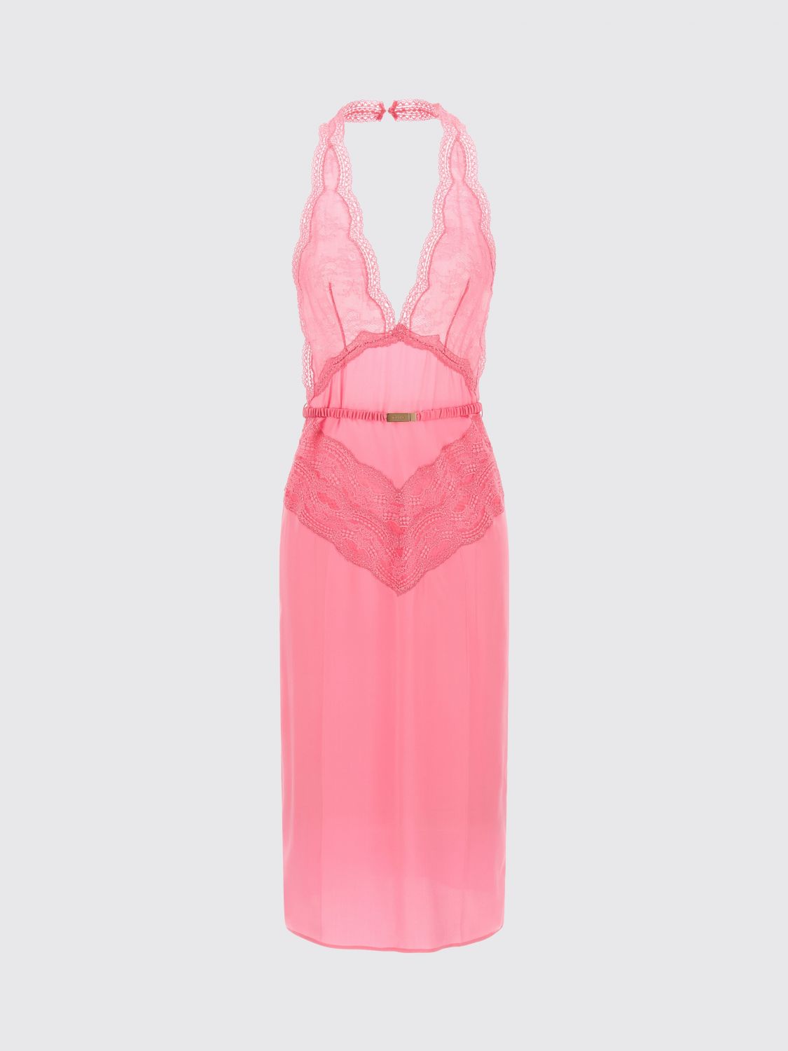 GUCCI Abito midi in raso di seta con inserti in pizzo