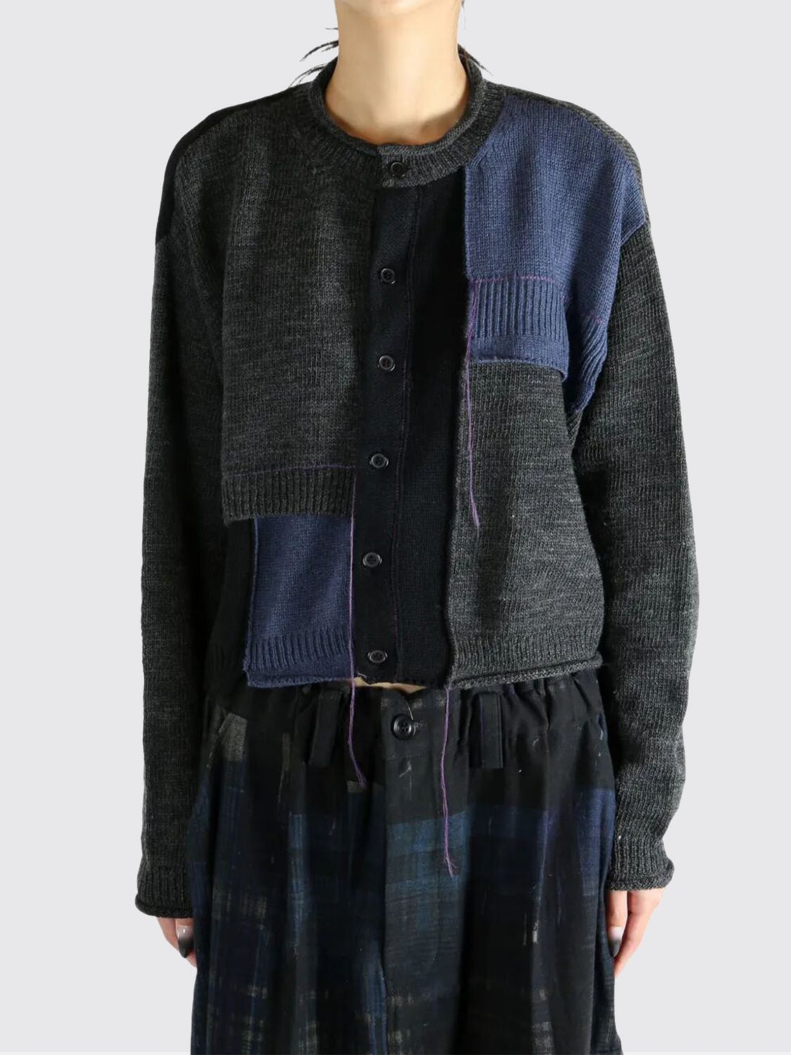 Y's Patchwork Wool Cardigan In Gray
