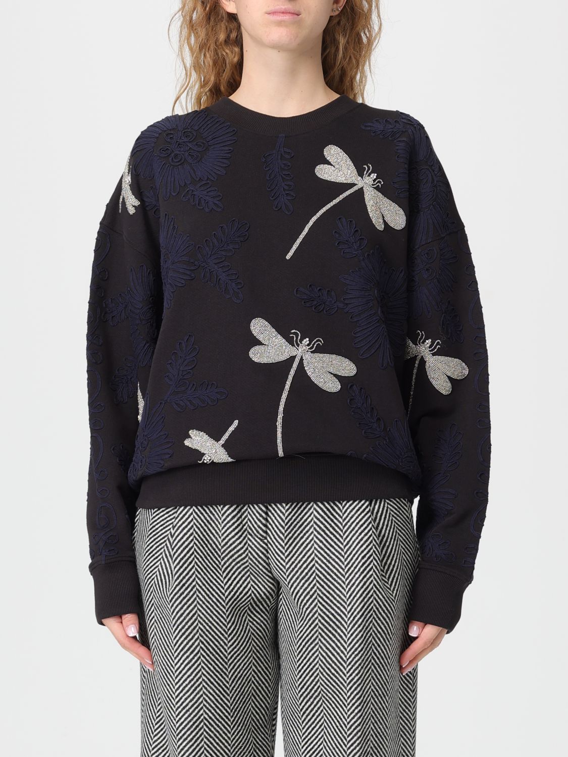 Forte Forte Crewneck Cotton Sweatshirt With Voila Une Fleur Embroidery In Black
