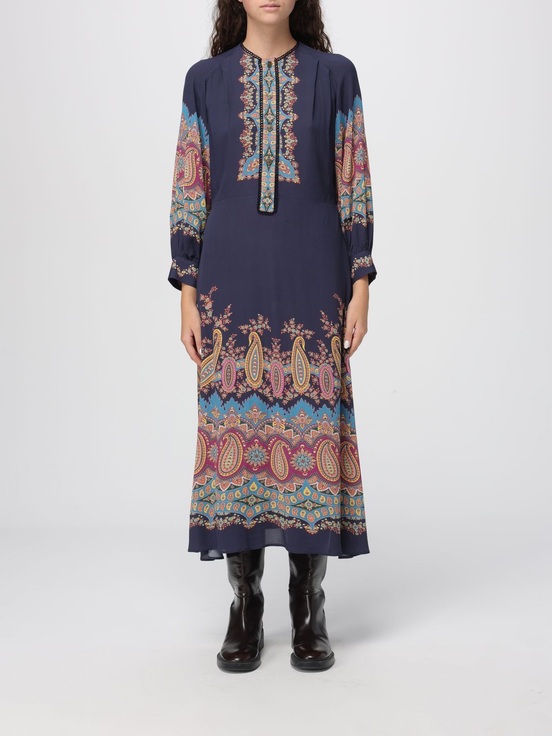 Etro , Dress With Placed Paisley Print, Woman, Blue, Size 44 In Blue