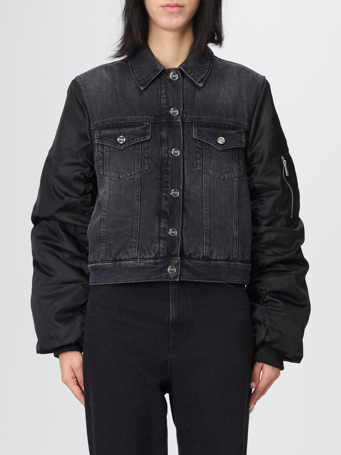 Ganni Modern Denim Jacket Contrast Sleeves In Black