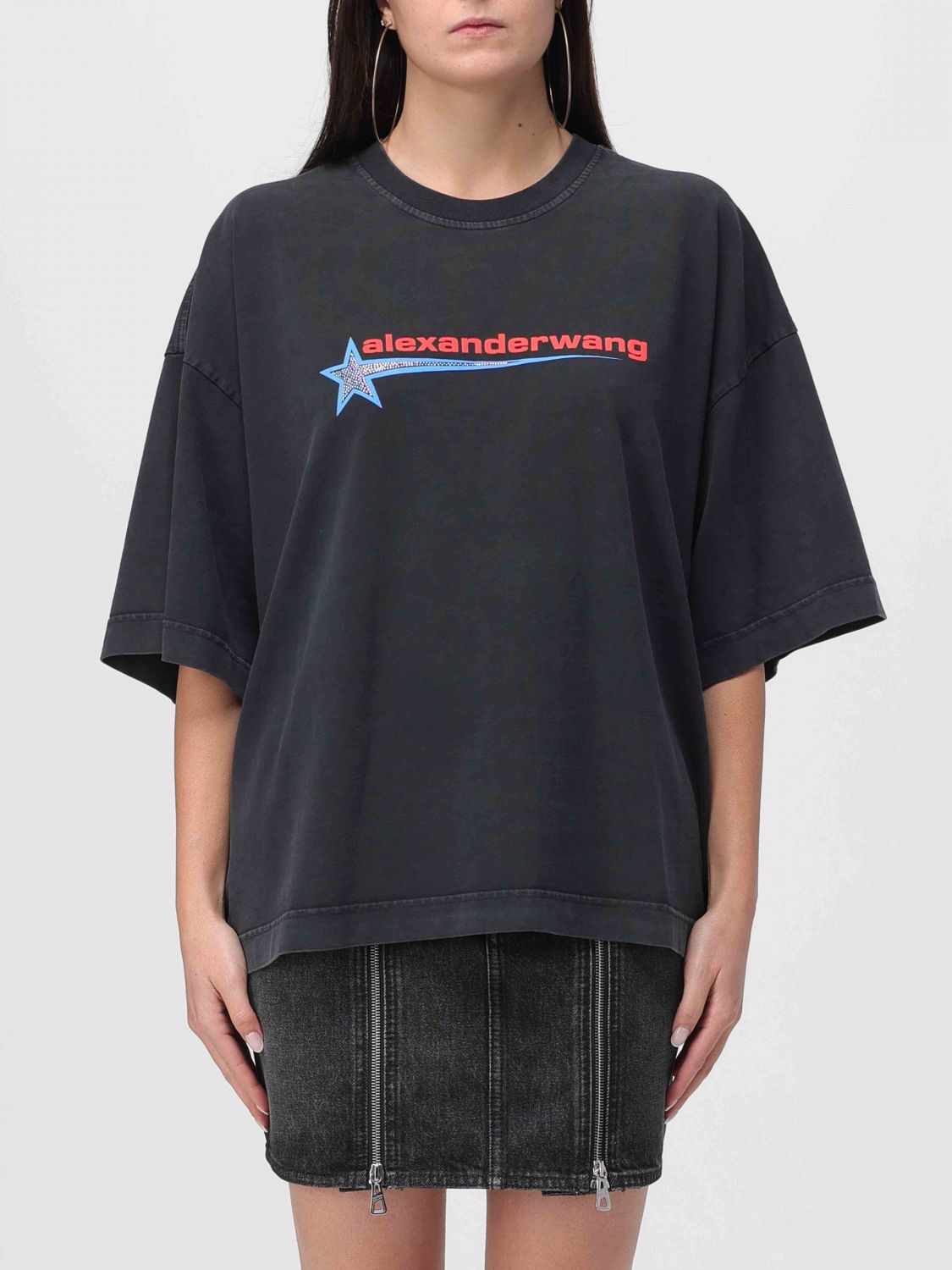 Alexander Wang Loose-fitting Black T-shirt With Graphic Design And Uneven Hem In Gray
