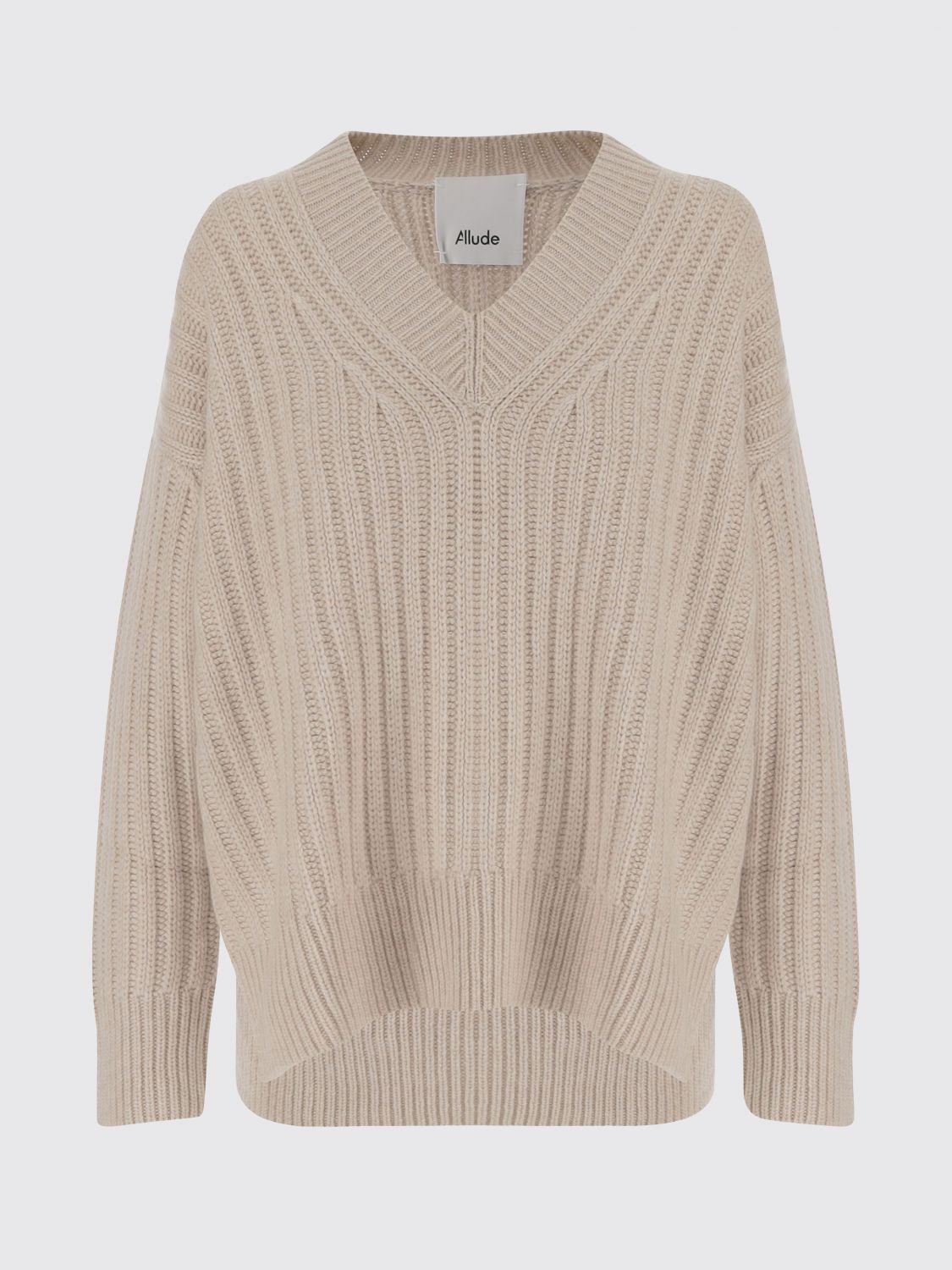 Allude V-neck Cashmere Sweater With Rib Knitting And Elasticized Edges In Neutral