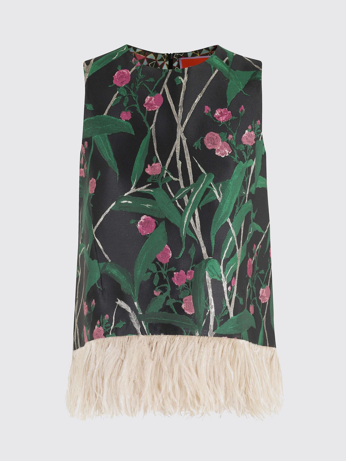 La Doublej Icon La Scala Feather-trimmed Floral-jacquard Top In Green