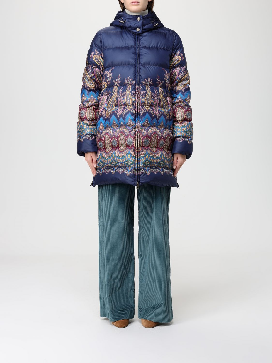 Etro Long Hooded Quilted Jacket With Paisley Pattern In Blue