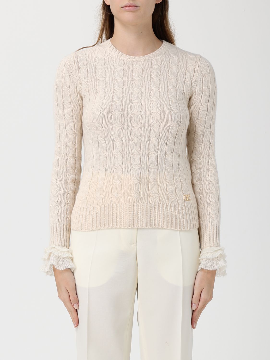 Valentino Cable Knit Crew Neck Sweater In White