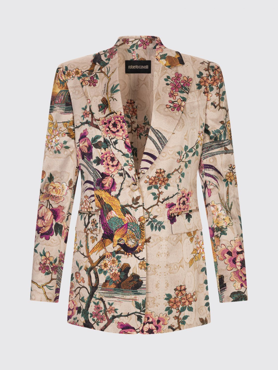 Roberto Cavalli Silk Jacket With Flower And Pheasant Print In Brown